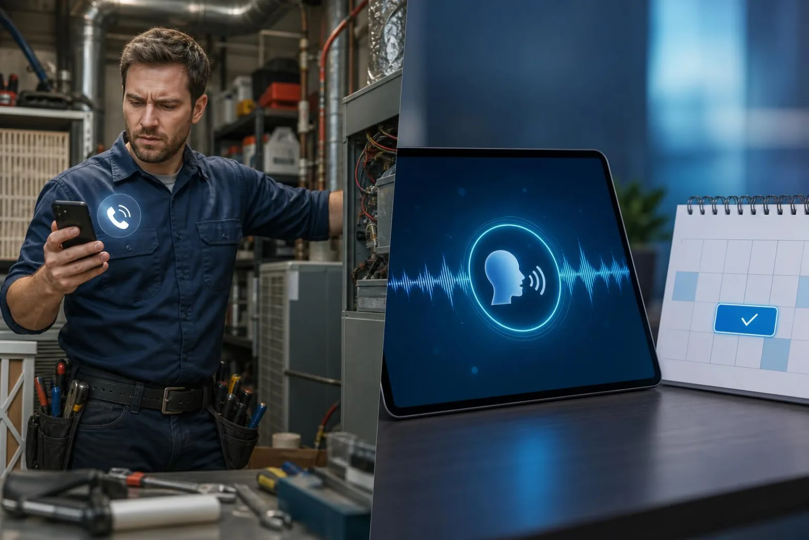 HVAC technician and AI call workflow illustrating missed-call recovery