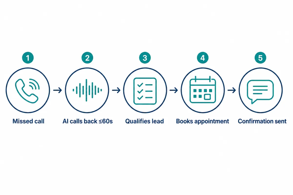 Workflow from missed HVAC call through qualification and dispatcher handoff