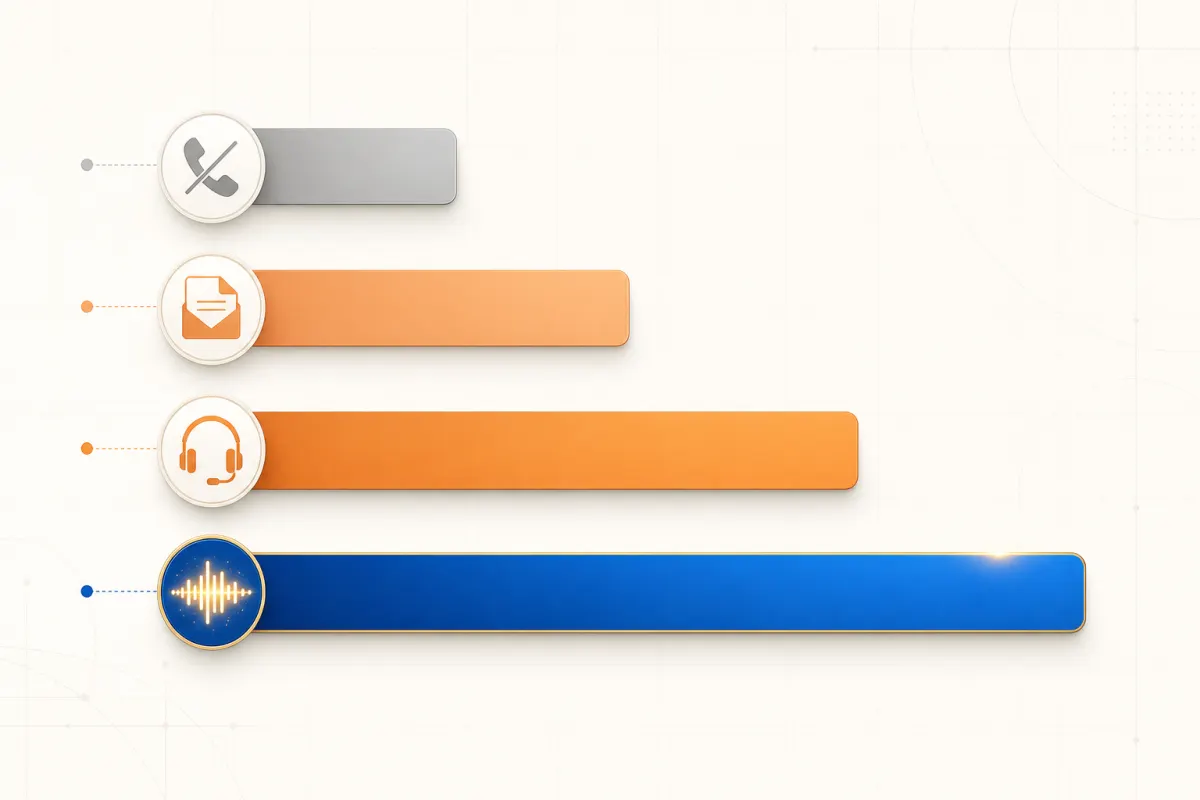 Comparison chart showing four call-handling options as vertical bars: voicemail shortest, basic message service slightly longer, full human service medium, AI call automation longest with gold accent, each with an icon at the start indicating the type