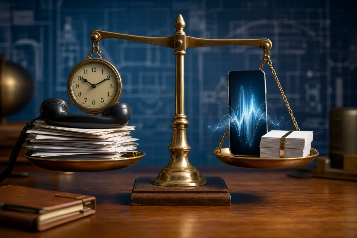 Editorial scale weighing a stack of paper message slips and a desk phone receiver against a modern smartphone with an AI voice waveform and confirmed appointment cards, on a wooden desk with blueprint-textured background