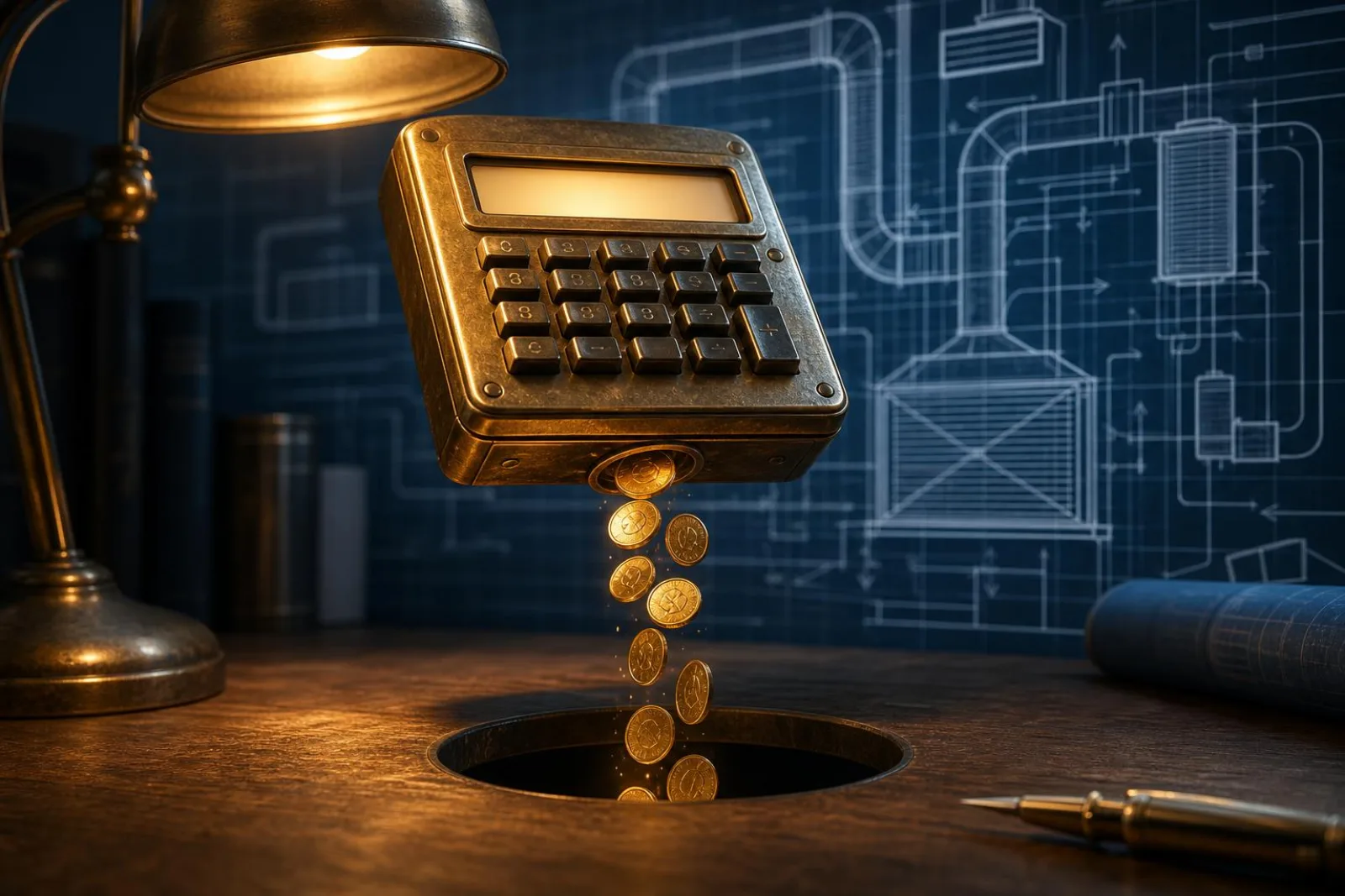 Brass calculator with golden coins draining from beneath it against blueprint background
